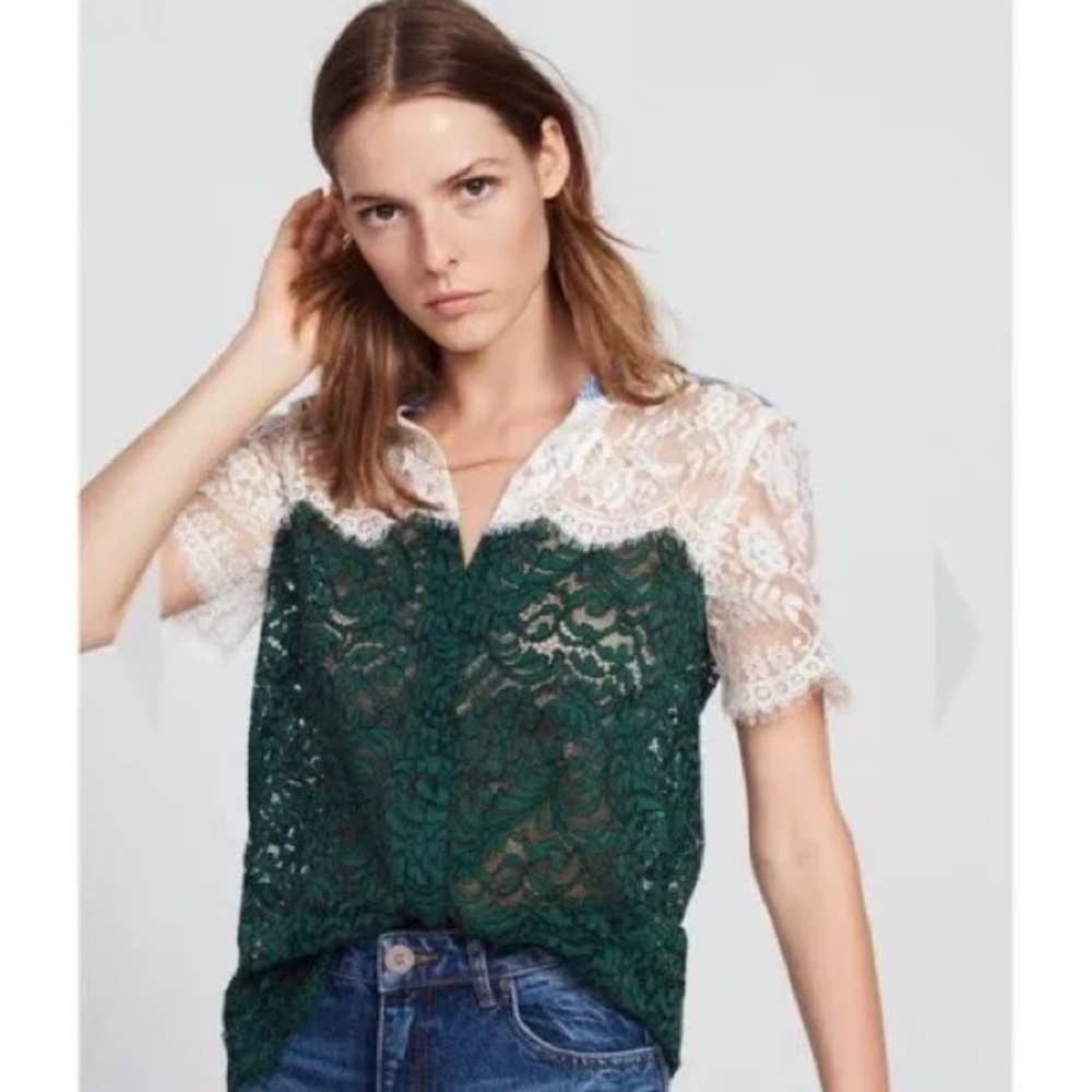 Sandro green & white two-tone lace top shirt